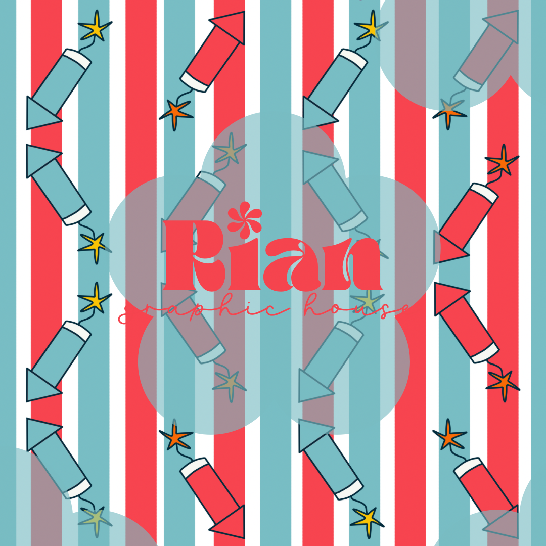 Retro Fourth//Rockets on Flag Stripes Seamless